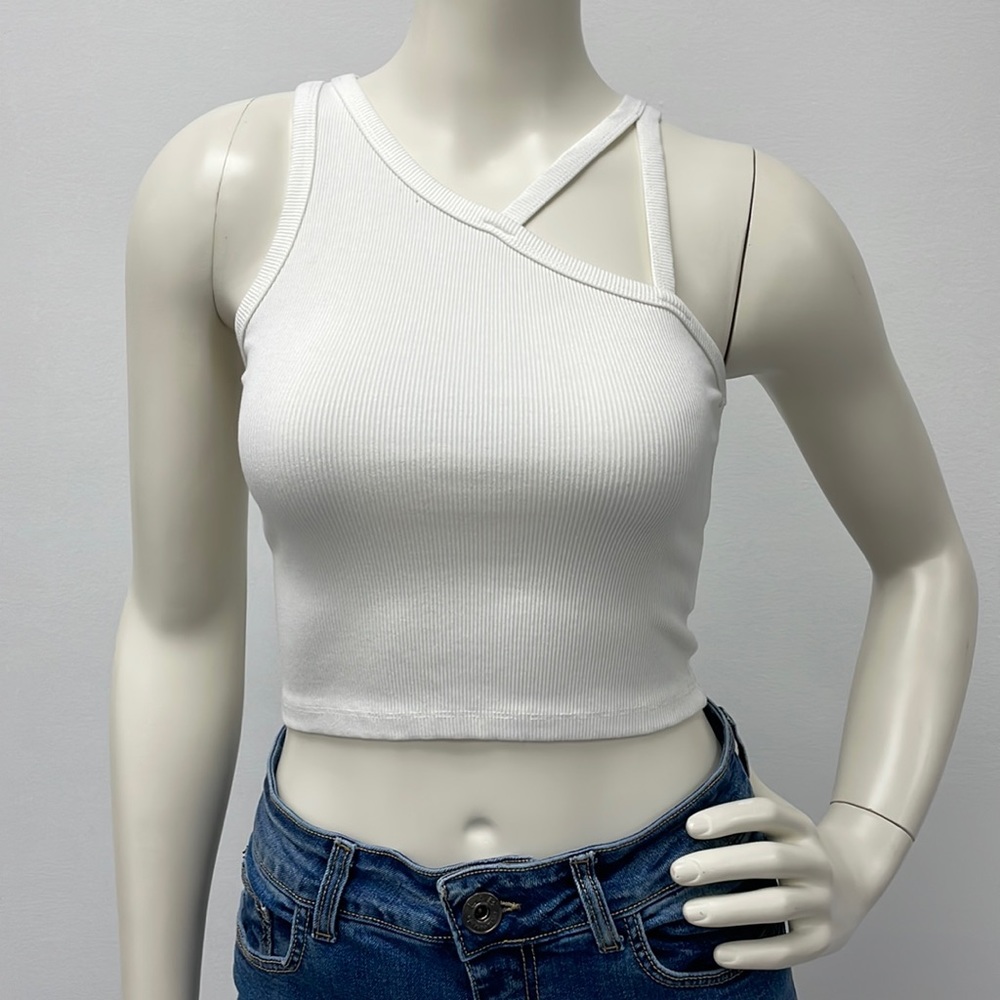 White Ribbed Cropped Tank Top